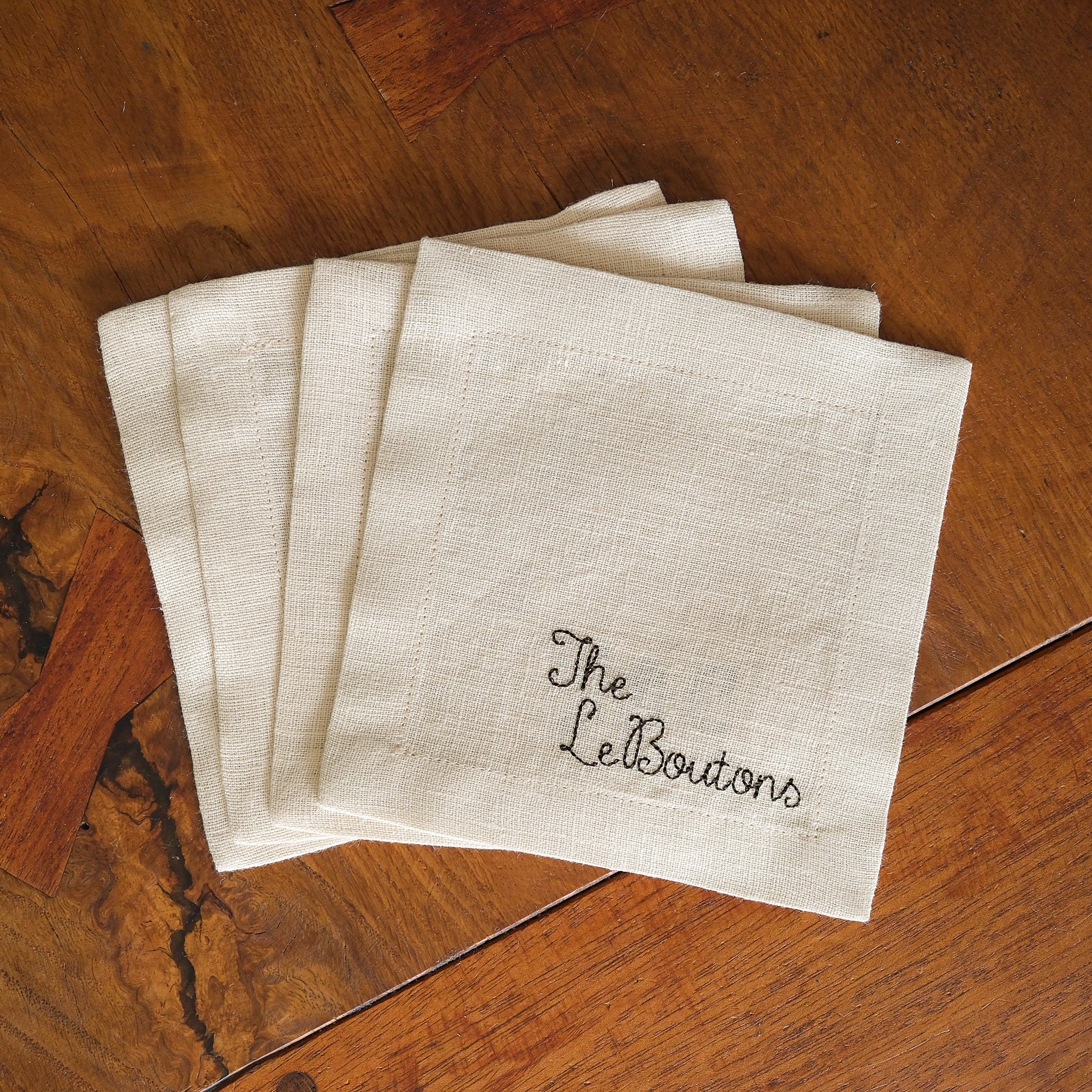 Custom Linen Cocktail Napkins, Stitched Font - Set of 4
