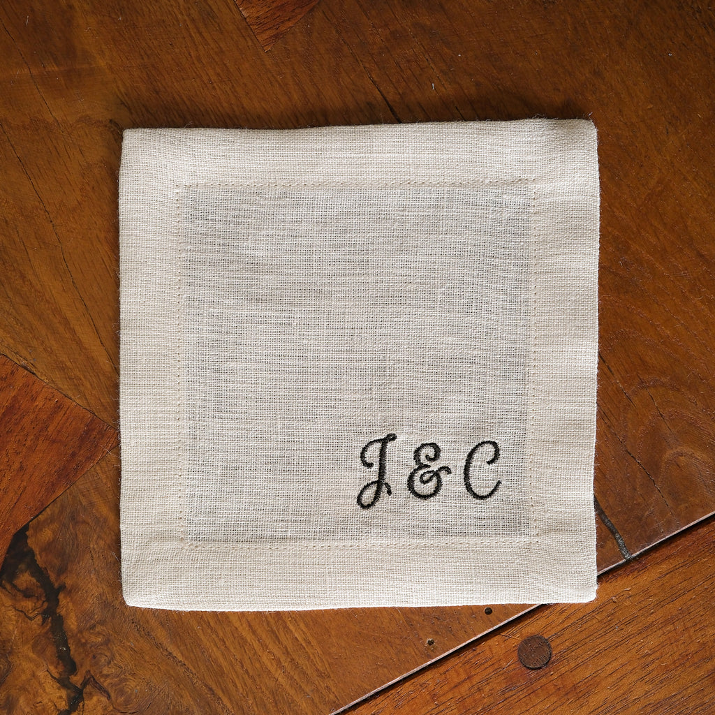 Custom Linen Cocktail Napkins, Script Initials Font - Set of 4