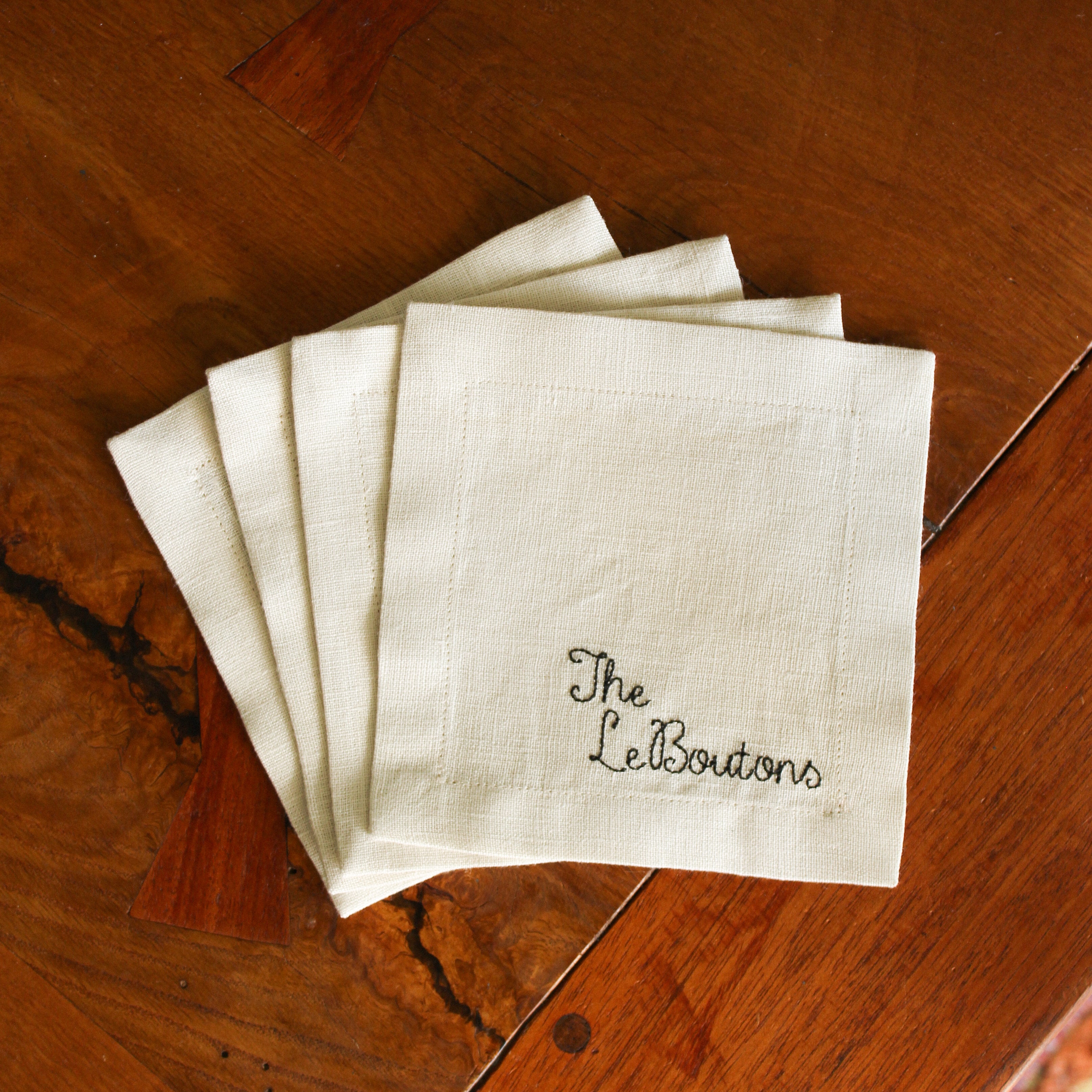 Custom Linen Cocktail Napkins, Stitched Font - Set of 4