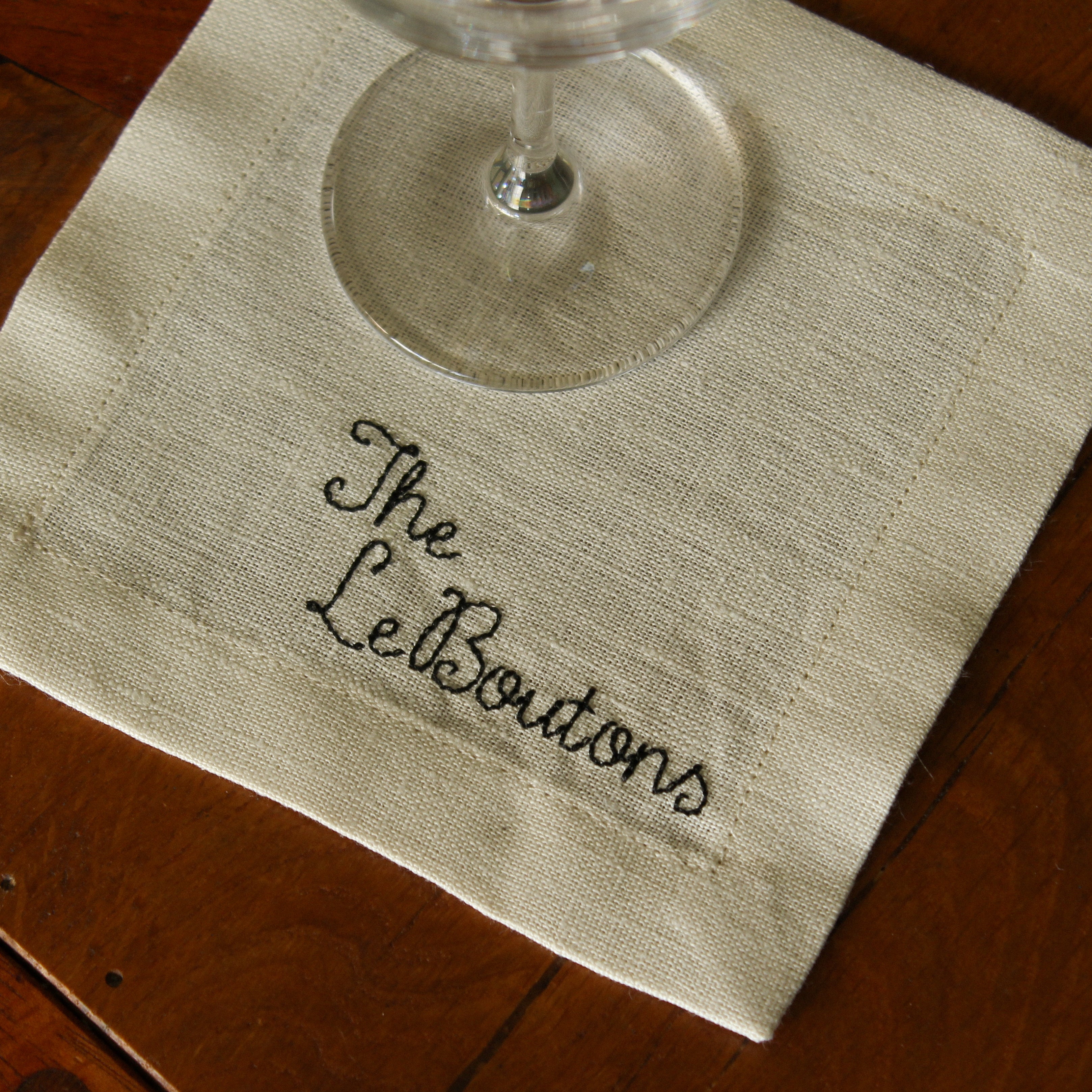 Custom Linen Cocktail Napkins, Stitched Font - Set of 4