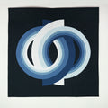 Abstract art quilt with blue and white circular patterns on a black background