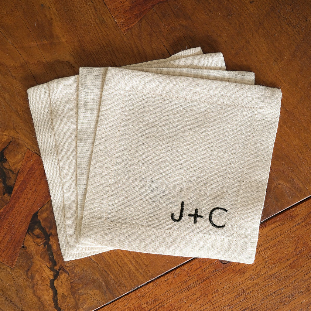 Custom Linen Cocktail Napkins, Simple Monogram Font - Set of 4